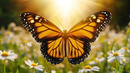 Fototapeta premium Golden Butterfly in Daisy Field Sunlight