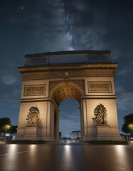 Obraz premium The Arc de Triomphe under starry night sky with a few clouds, clouds, nighttime sky