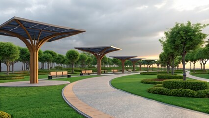 Modern park with wooden structures and lush greenery under a cloudy sky.