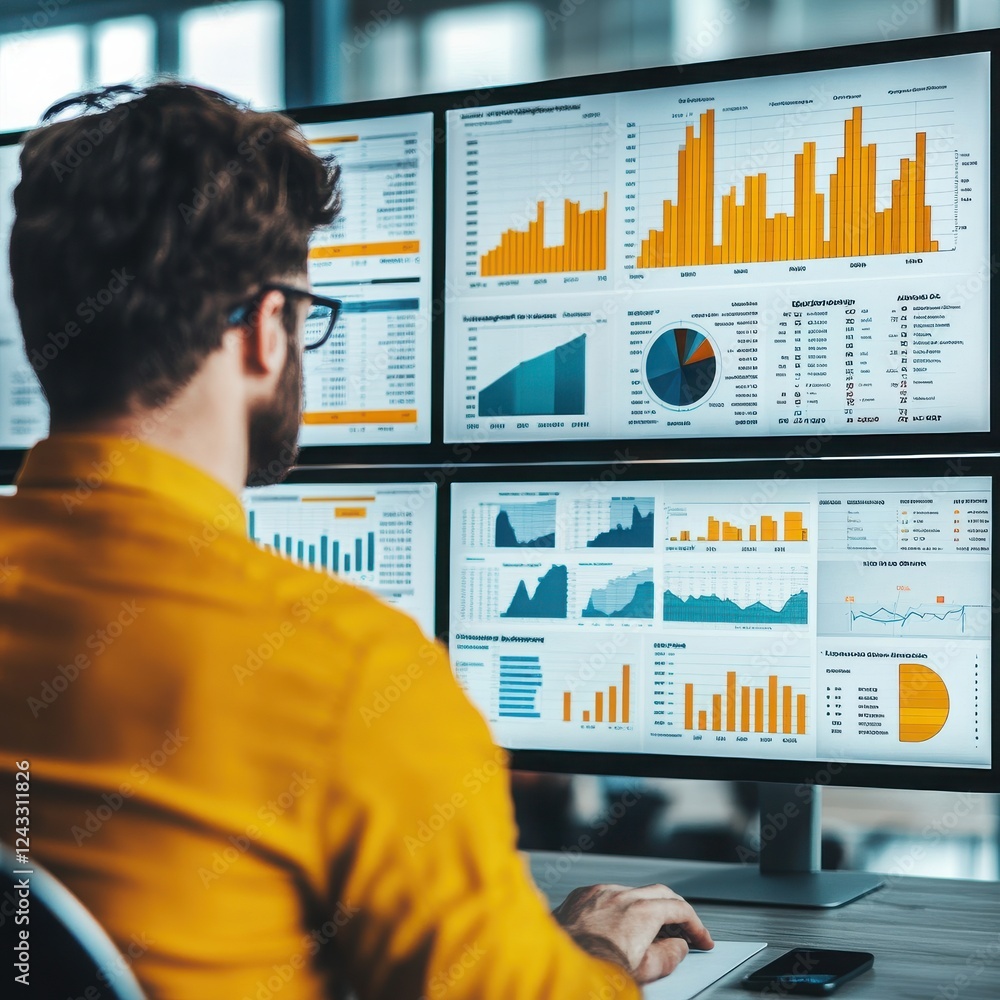 Aufkleber a focused individual analyzing data on multiple monitors in a modern office, showcasing advanced ana