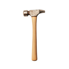 Hammer tool with wooden handle, white isolated background.
