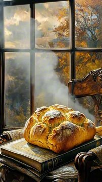 Warm bread on chair by window with autumn view and steaming tea