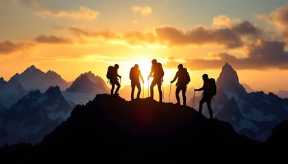 Naklejka premium Silhouette of climbers who climbed to the top of the mountain thanks to mutual assistance and teamwork