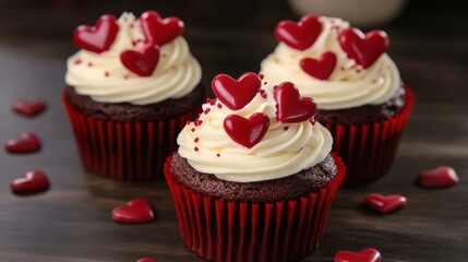 A Trio of Exquisitely Crafted Red Velvet Cupcakes, Adorned with Delicate Heart-Shaped Garnishes and Lavish Swirls of Creamy Frosting, Elegantly Presented on a Rustic Wooden Tabletop, Evoking a Sense o
