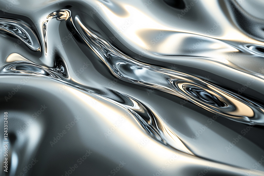 Poster Abstract close-up of metallic fluid waves, showcasing the smooth, shiny surface and flowing texture of liquid metal, highlighting modern, dynamic concepts of movement and energy.