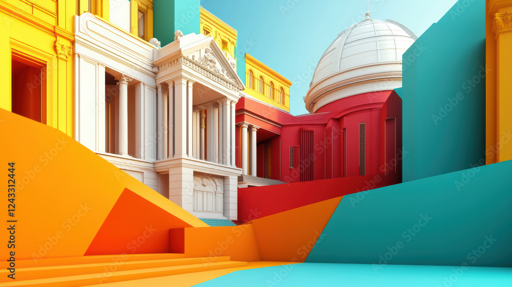 Poster vibrant 3d architectural model of museum featuring colorful geometric shapes and structures. design 