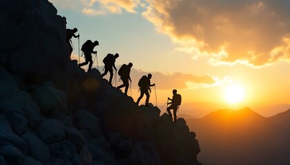 Fototapeta premium Silhouette of climbers who climbed to the top of the mountain thanks to mutual assistance and teamwork