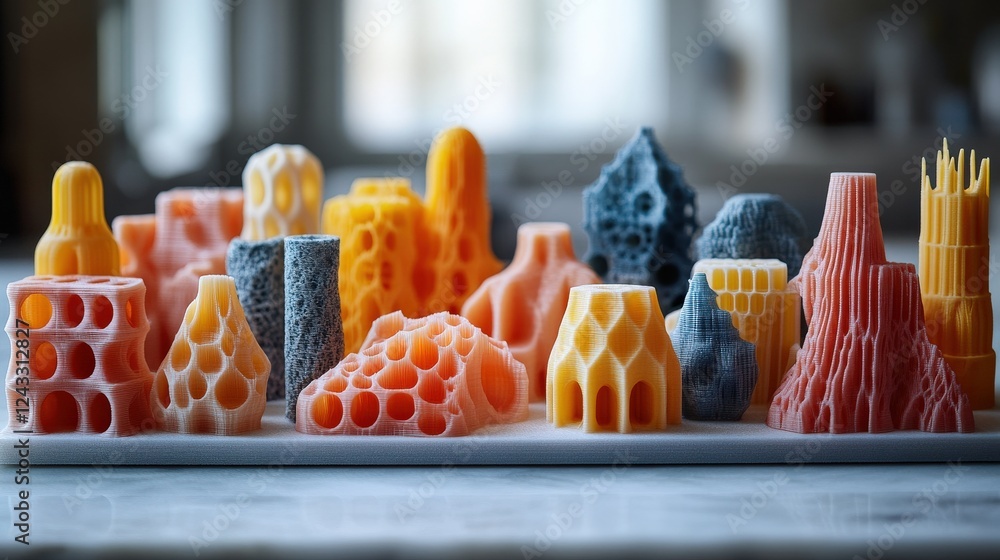 Poster colorful 3d-printed structures arranged on a table, showcasing intricate designs and textures