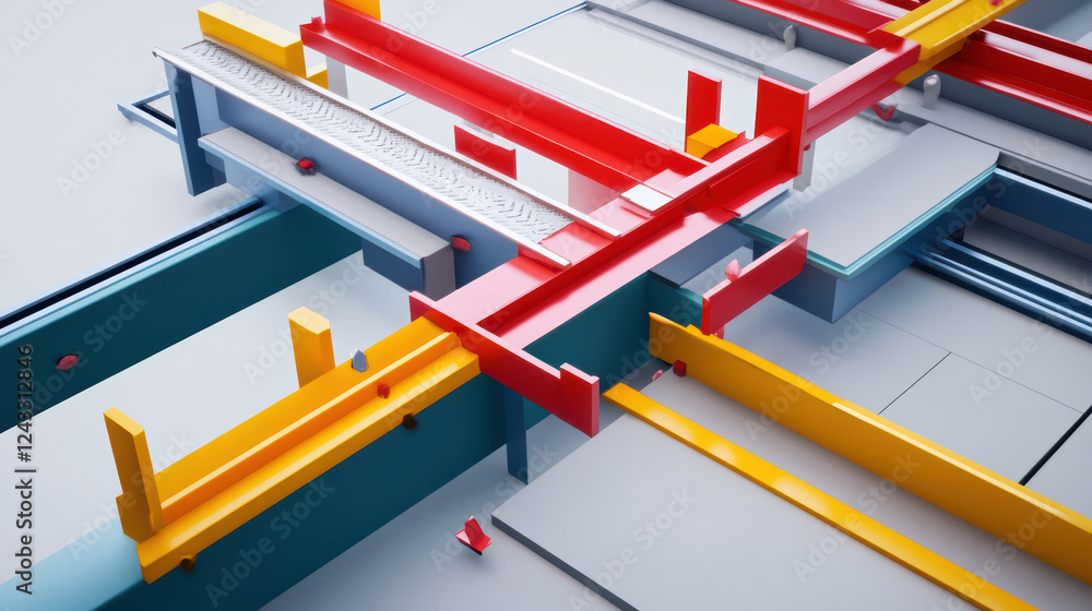 Poster 3d construction diagram with colorful arrows and labels, showcasing complex design. vibrant colors a