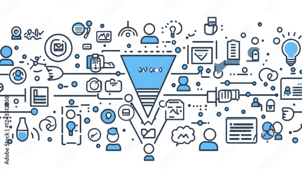 Poster a flat design illustration of a funnel process diagram with audience icons and success metrics surro