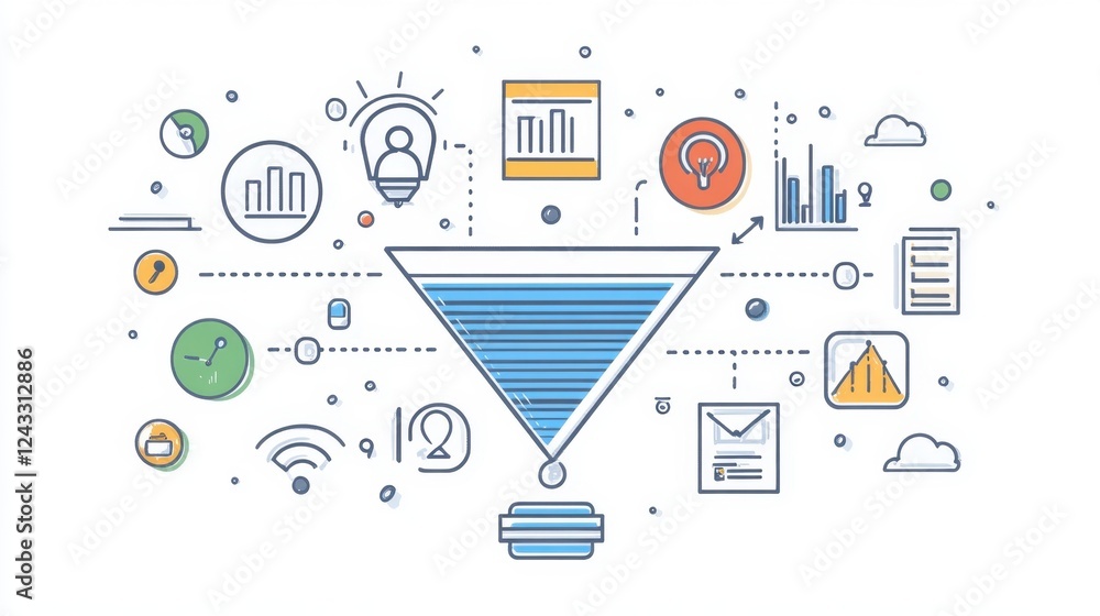 Poster a flat design illustration of a funnel process diagram with audience icons and success metrics surro