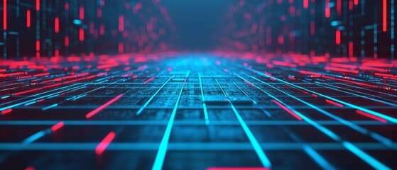 A futuristic digital landscape featuring vibrant blue and red lines, creating a grid effect in a three-dimensional space.