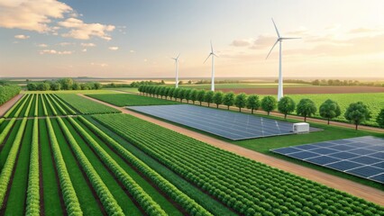 Obraz premium Vast agricultural landscape featuring wind turbines and solar panels.