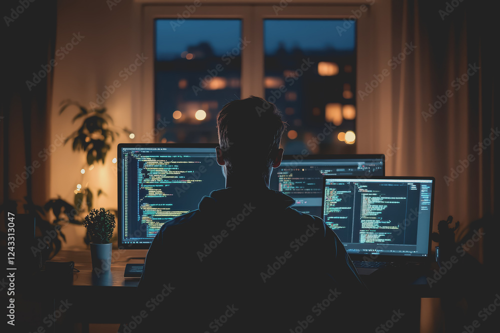 Aufkleber it's a real picture of a developer coding on his laptop, in the live work environment.