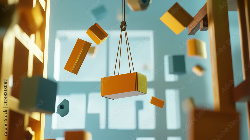 Poster floating geometric shapes in colorful space, showcasing playful arrangement of blocks and crane. vib