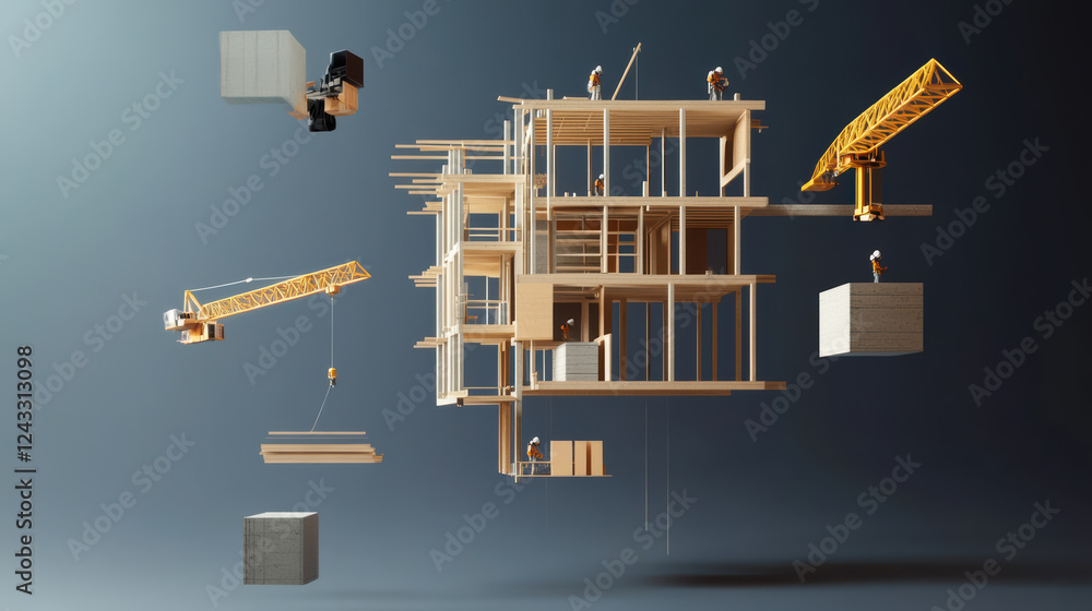 Poster 3d construction elements floating in space, showcasing cranes and workers. this imaginative scene hi