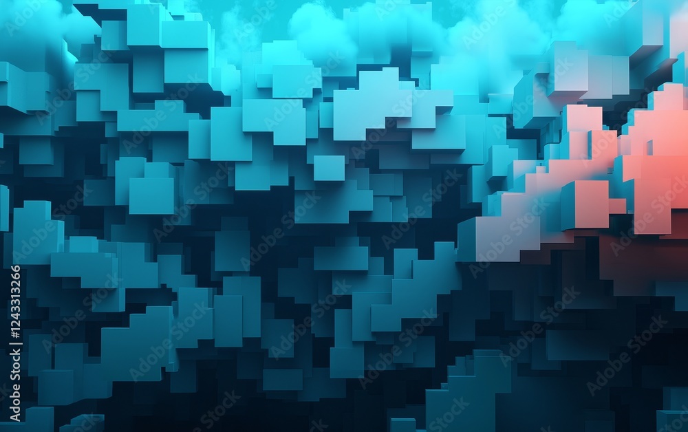Poster an abstract pattern of layered, three-dimensional cubes in shades of blue and pink, creating a dynam