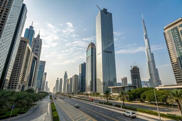 Obraz premium Towering skyscrapers in a vibrant urban landscape, skyline, cityscape, towering buildings, metropolis, modernity