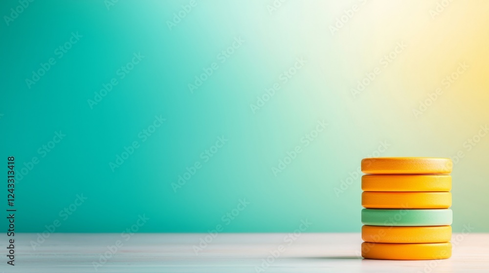 Poster a stack of colorful, round objects against a soft gradient background, creating a vibrant, modern ae