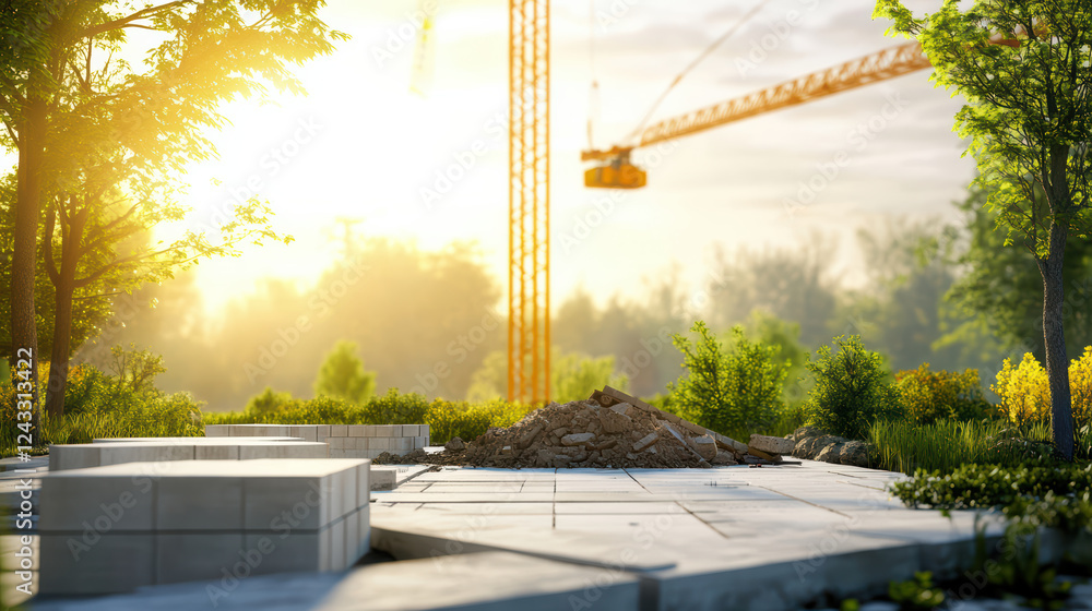 Poster construction site with 3d elements surrounded by nature, featuring crane in background and sunlight 