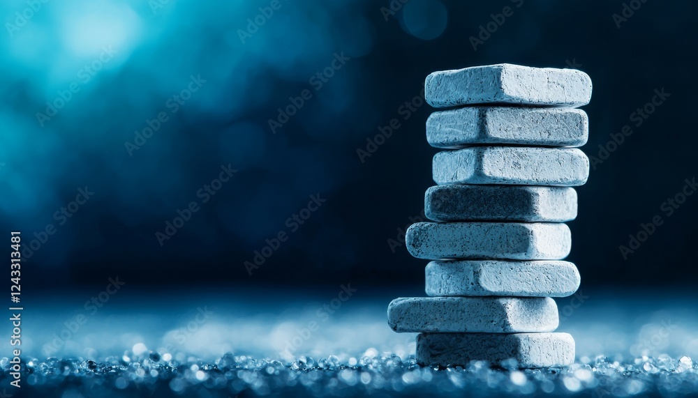 Poster a stack of smooth stones set against a blurred blue background, creating a serene and balanced atmos