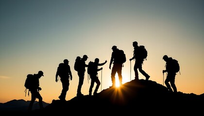 Silhouette of climbers who climbed to the top of the mountain thanks to mutual assistance and teamwork