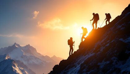Fototapeta premium Silhouette of climbers who climbed to the top of the mountain thanks to mutual assistance and teamwork