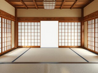 Traditional Japanese tatami mats and sliding doors on a yakatabune, traditional japanese interior, shimanto river, wooden boat