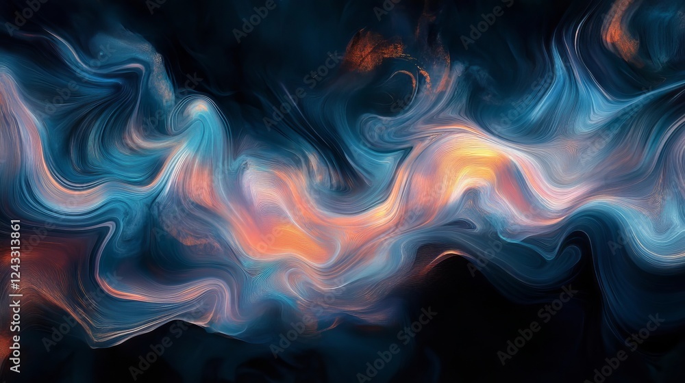 Poster dynamic abstract swirl of blue, orange, and black colors creating a mesmerizing visual flow