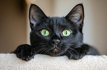 Black cat with striking green eyes resting on a surface, showcasing its curiosity and playful personality in a serene indoor environment