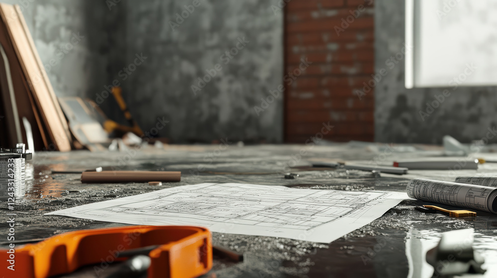 Poster construction site with blueprints and various tools scattered on work surface, showcasing creative w