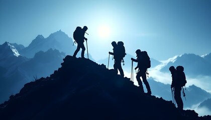 Silhouette of climbers who climbed to the top of the mountain thanks to mutual assistance and teamwork