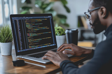 It's a real picture of a developer coding on his laptop, in the live work environment.