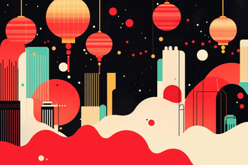 Abstract cityscape with hanging lanterns and red accents
