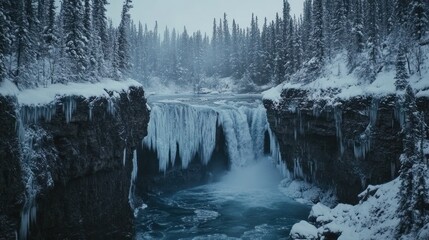 Obraz premium Frozen waterfall in snowy forest, winter landscape (1)