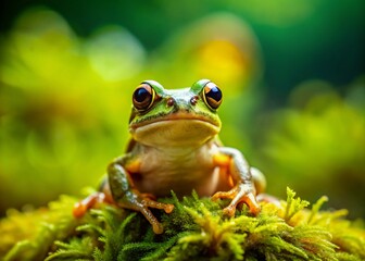 Fototapeta premium Cute Frog Closeup on Moss, Forest Wildlife Photography