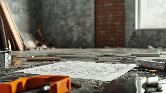 construction site with blueprints and various tools scattered on work surface, showcasing creative workspace filled with potential and planning