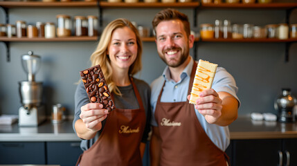 A smiling man and woman in a cozy chocolate workshop, their aprons neatly