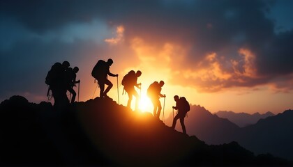 Fototapeta premium Silhouette of climbers who climbed to the top of the mountain thanks to mutual assistance and teamwork