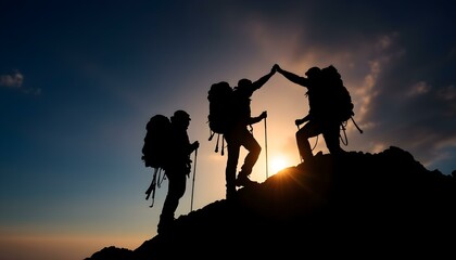 Silhouette of climbers who climbed to the top of the mountain thanks to mutual assistance and teamwork