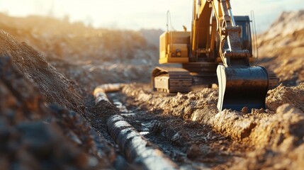 Excavator working during sunset on a construction site digging a trench for utility installation
