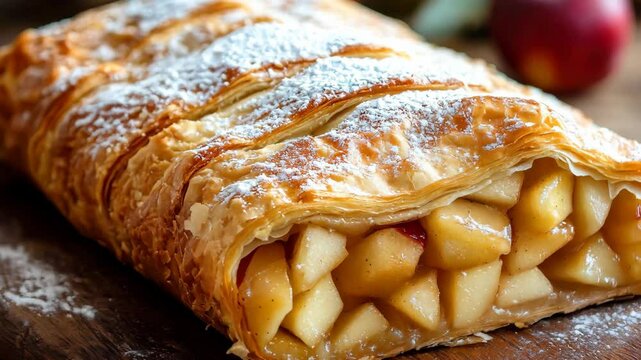 Golden apple strudel freshly baked and dusted with sugar