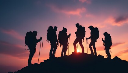 Silhouette of climbers who climbed to the top of the mountain thanks to mutual assistance and teamwork