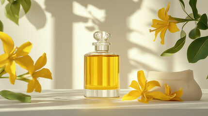 Elegant Glass Bottle of Yellow Essential Oil with Fresh Flowers and Soft Sunlight