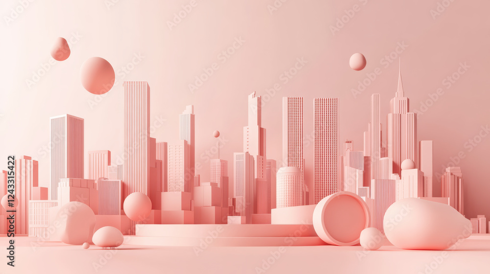 Poster 3d geometric shapes forming cityscape in soft pink tones, featuring various buildings and abstract f