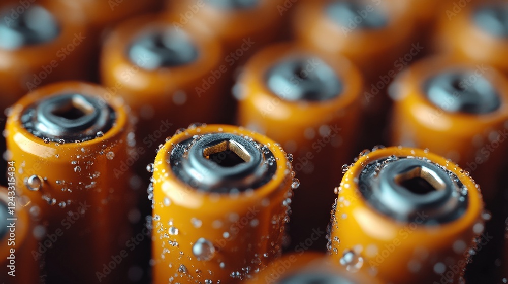 Poster close-up view of orange batteries with water droplets, showcasing texture and detail in a dynamic co