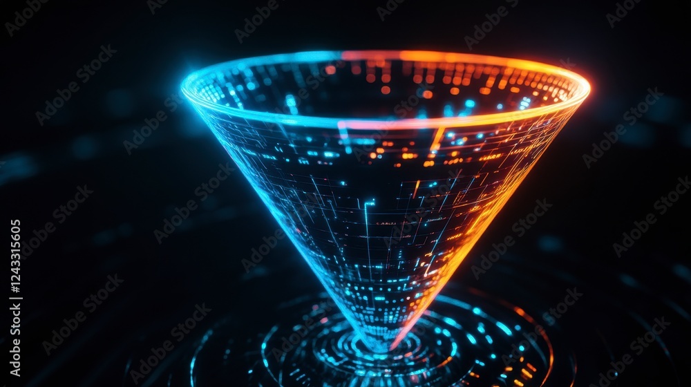 Poster a glowing funnel with dynamic motion effects, symbolizing efficient inbound marketing processes.