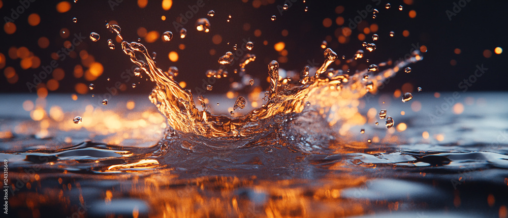 Poster Close-up of water splashing with droplets on a glowing surface, creating dynamic and vibrant splashes in the water, symbolizing energy, movement, and fluidity with dramatic lighting.