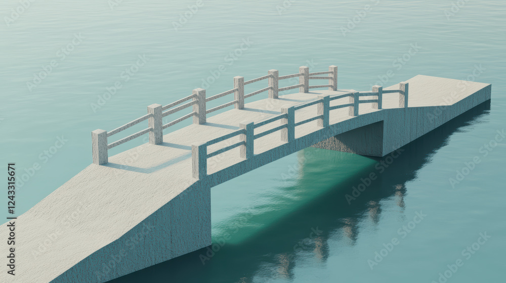 Poster 3d model of bridge over calm water, featuring smooth surface and railings, ideal for design projects