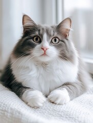 Charming fluffy pet cat with striking eyes sitting gracefully near a window, showcasing affectionate and curious nature, perfect for animal lovers' collection